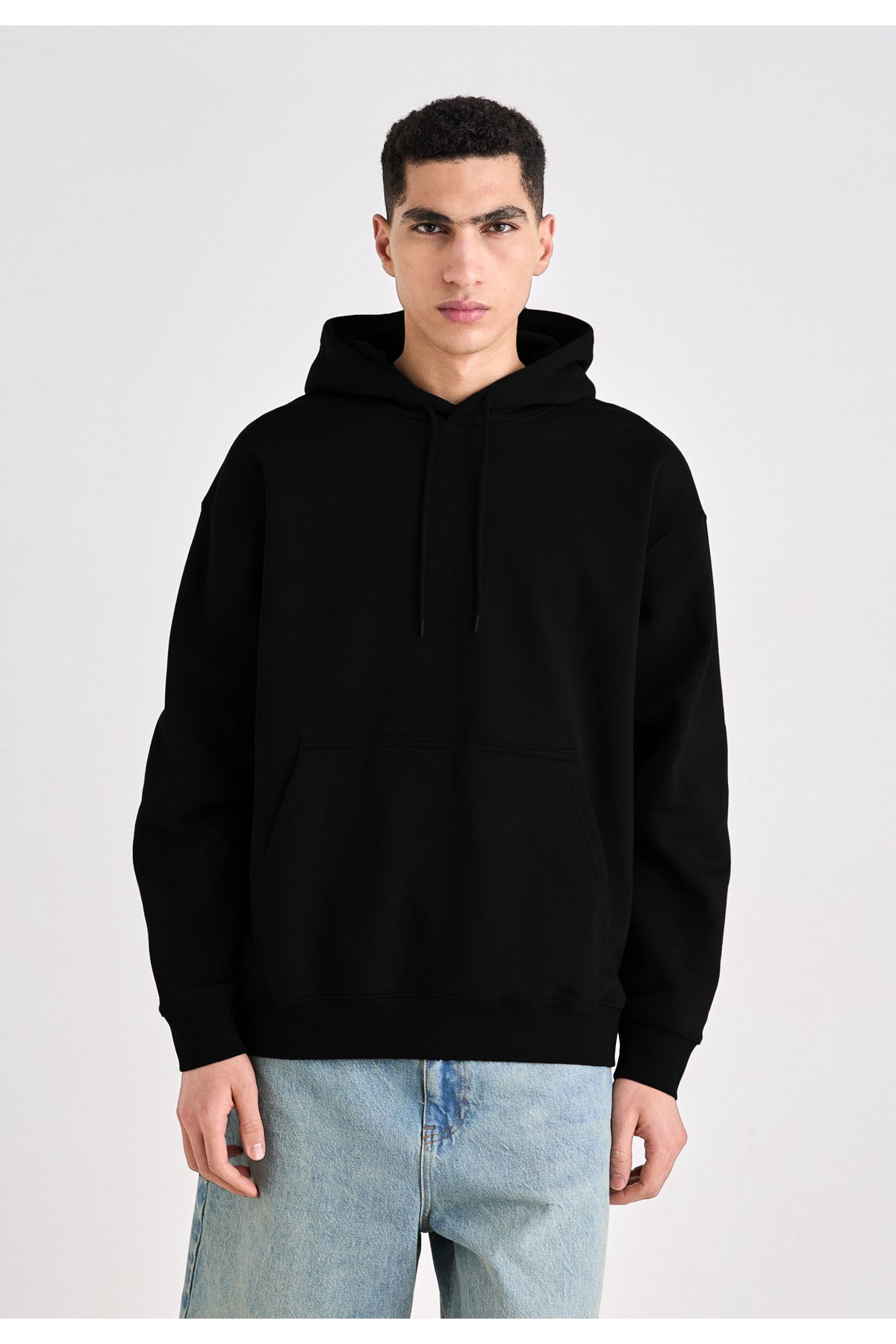 Erkek Düz Okul Lise Hoodie Sweatshirt - Siyah - 1