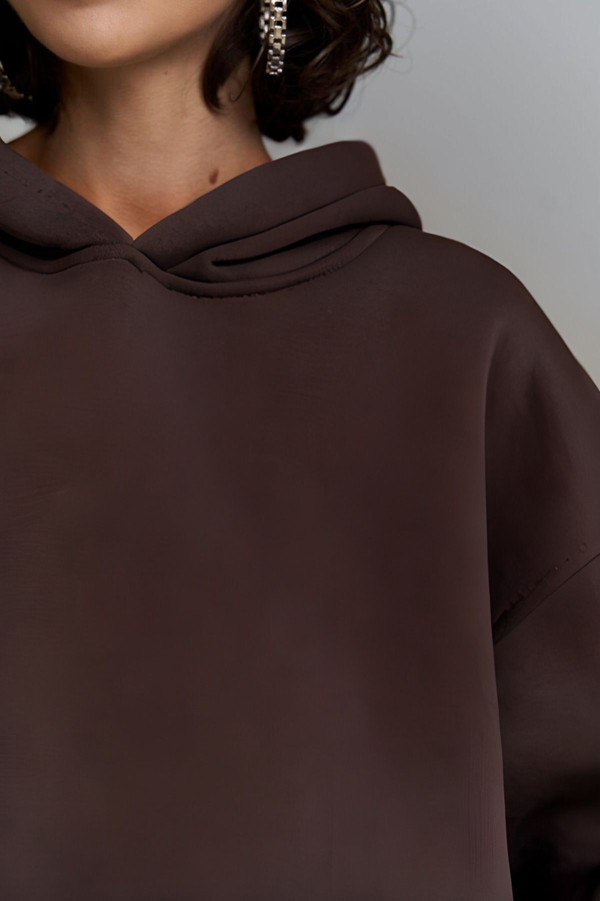 Kadın Eşofman Takımı Sweatshirt Jogger Kahve Oversize Şardonlu Kapüşonlu - Kahverengi - 5