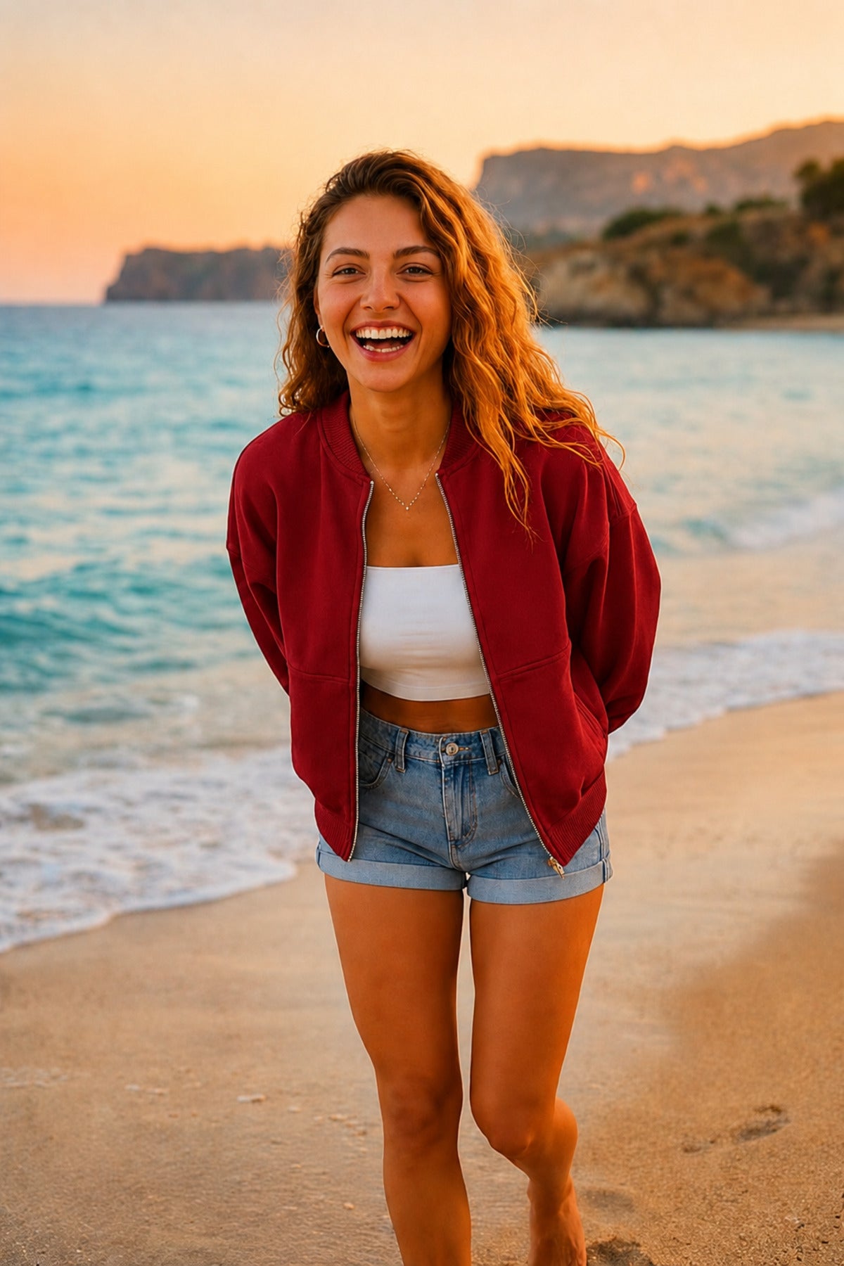 Kadın Oversize Fermuarlı Çıma Desenli Yeni Sezon Trend Bomber Ceket - Kırmızı - 2
