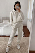 Kadın Oversize 3 İ̇plik İ̇çi Pamuklu Kalın Kapşonlu Kanguru Cep Paçası Lastikli Eşofman Takımı - Beyaz - 1