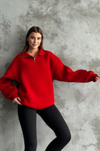 Unisex 3 İ̇plik Oversize Şardonlu Yarım Fermuarlı Swetshirt - Kırmızı - 2