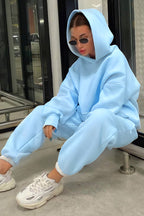 Kadın Hoodie Kanguru Cep Kapşonlu Sweatshirt Paçası Lastikli Alt Eşofman Takımı - Bebe Mavisi - 2