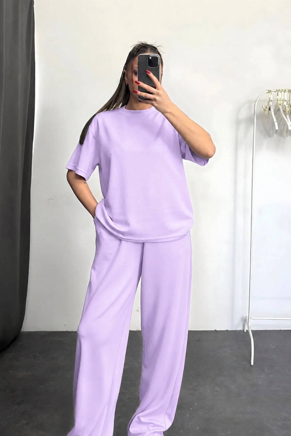 Kadın Kısa Kollu Oversize Süper Yüksek Bel Esnek Bisiklet Yaka Eşofman Takımı - Lila - 2
