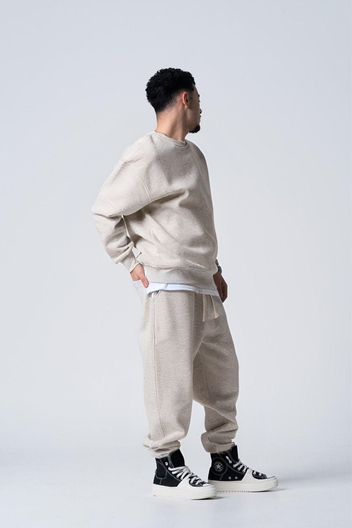 Basic Erkek Bisiklet Yaka Sweat Ve Eşofman Takım - Bej - 3