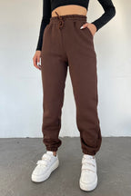 Unisex Kahverengi Kalın 3 İplik Basic Jogger Örme Eşofman Altı - Kahverengi - 2