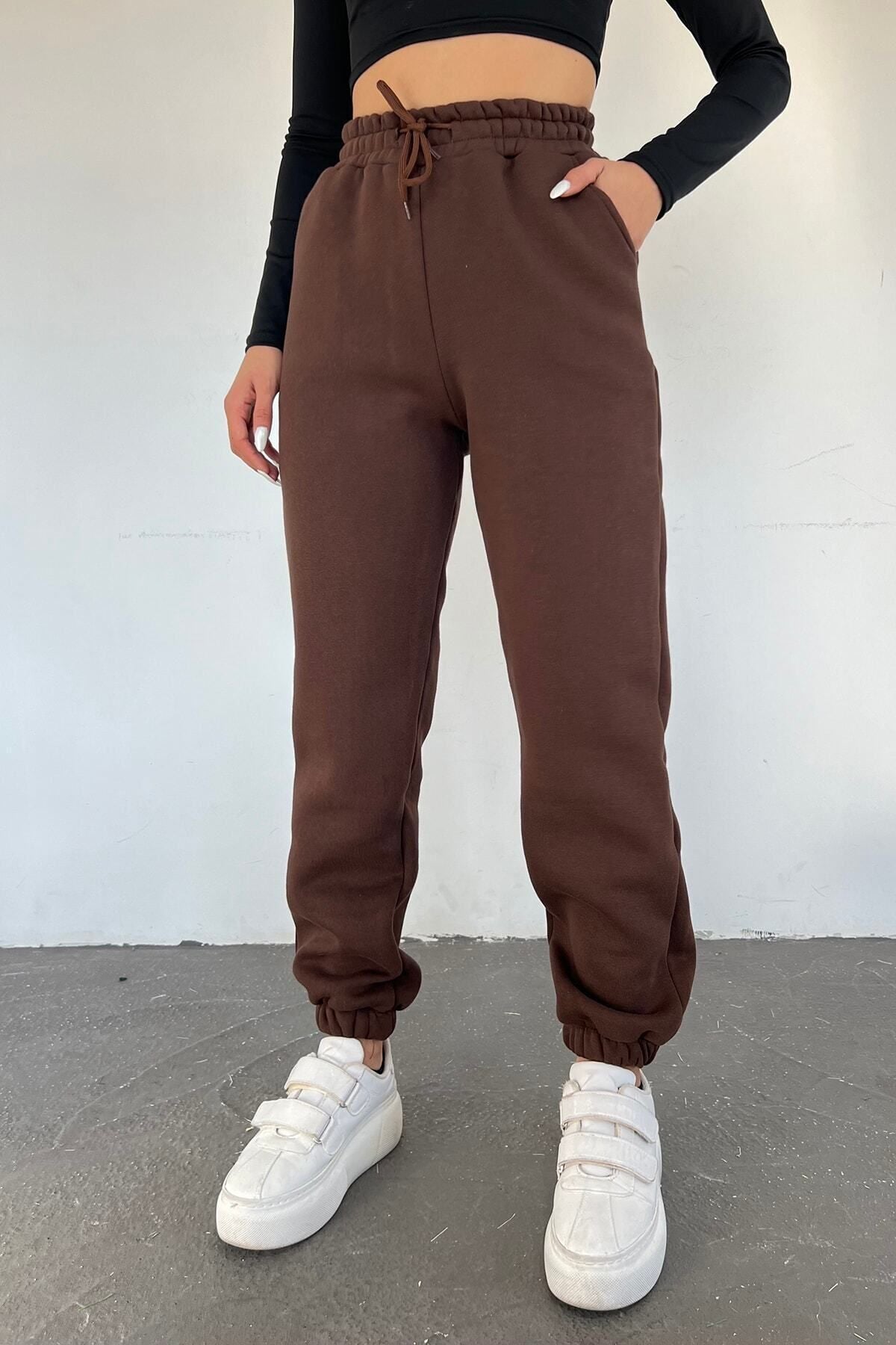 Unisex Kahverengi Kalın 3 İplik Basic Jogger Örme Eşofman Altı - Kahverengi - 2