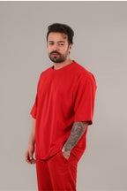 Erkek Oversize Comfort Penye T-shirt - Kırmızı - 1