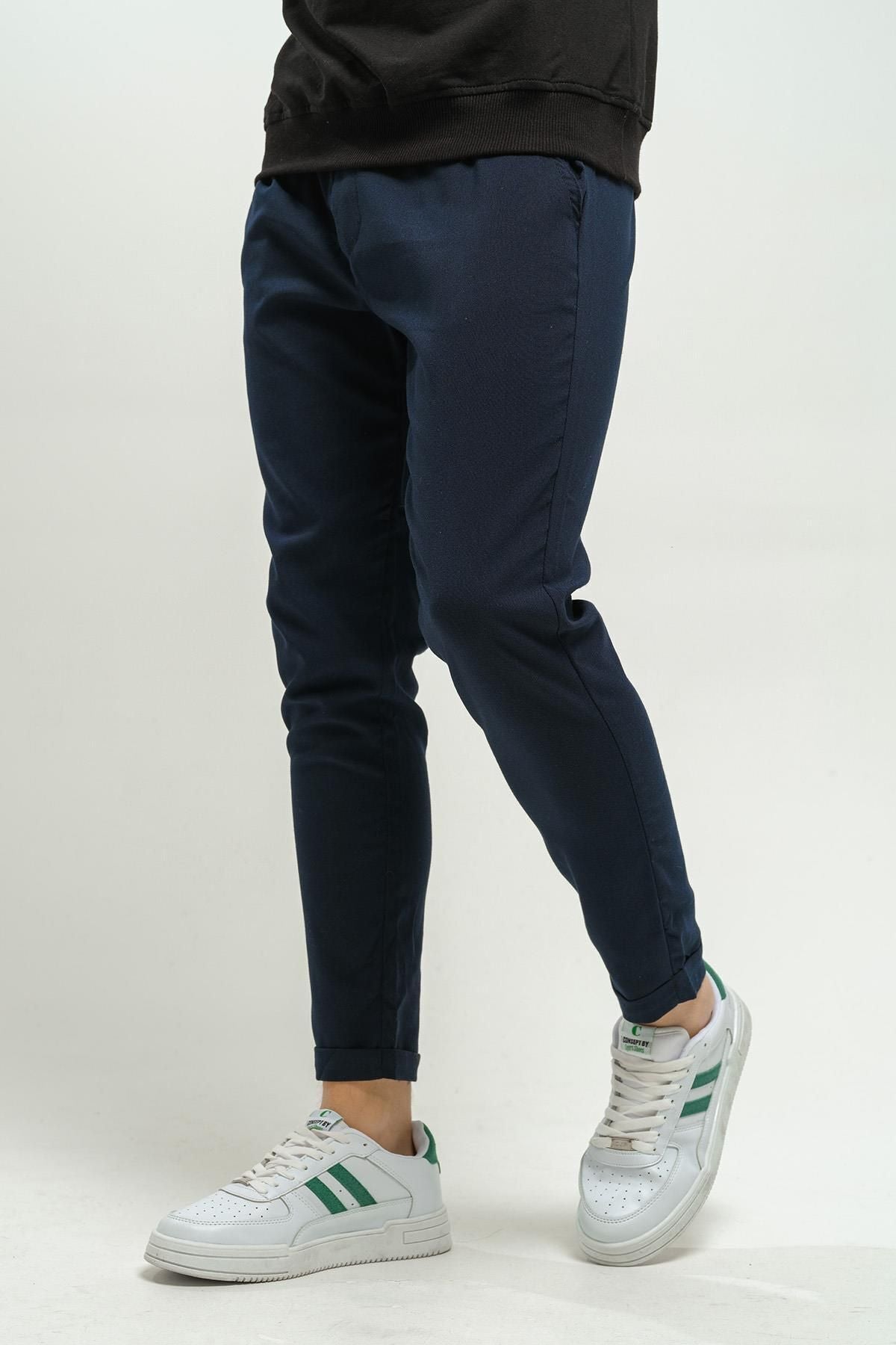 Erkek Beli Lastikli Likralı Duble Premium Jogger Kumaş Pantolon - Lacivert - 1