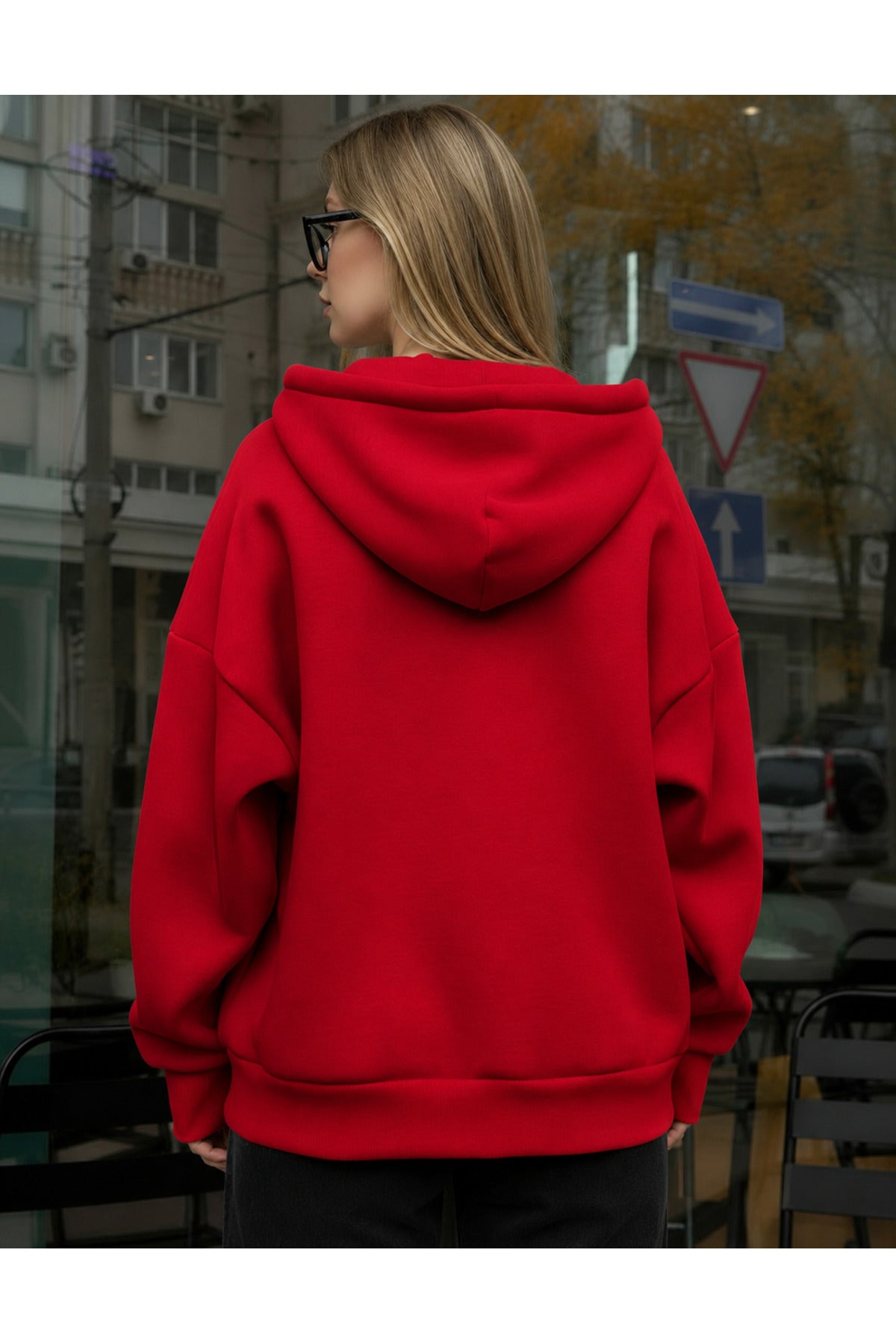 Kadin Oversi̇ze Kapüşonlu Fermuarli Hirka Sweatshirt - Kırmızı - 3