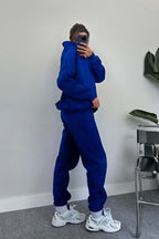 Kadın Oversize Trend Model Kanguru Cep Kapşonlu Sweatshirt Eşofman Takımı - Saks Mavisi - 4