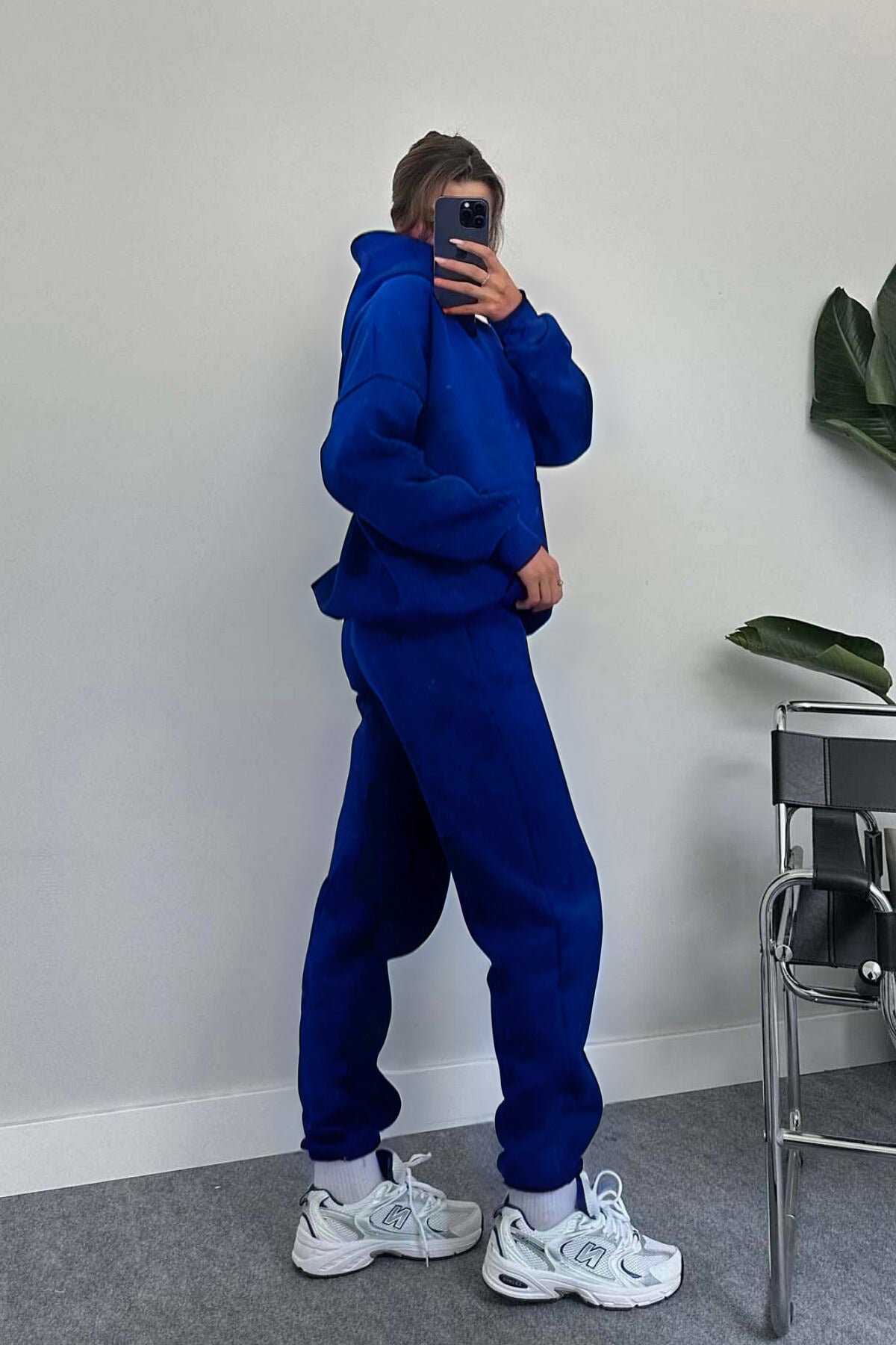 Kadın Oversize Trend Model Kanguru Cep Kapşonlu Sweatshirt Eşofman Takımı - Saks Mavisi - 4
