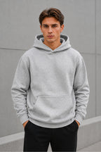 Erkek Oversize Kapüşonlu Sweatshirt Basic Hoodie Cepli - Gri Melanj - 4