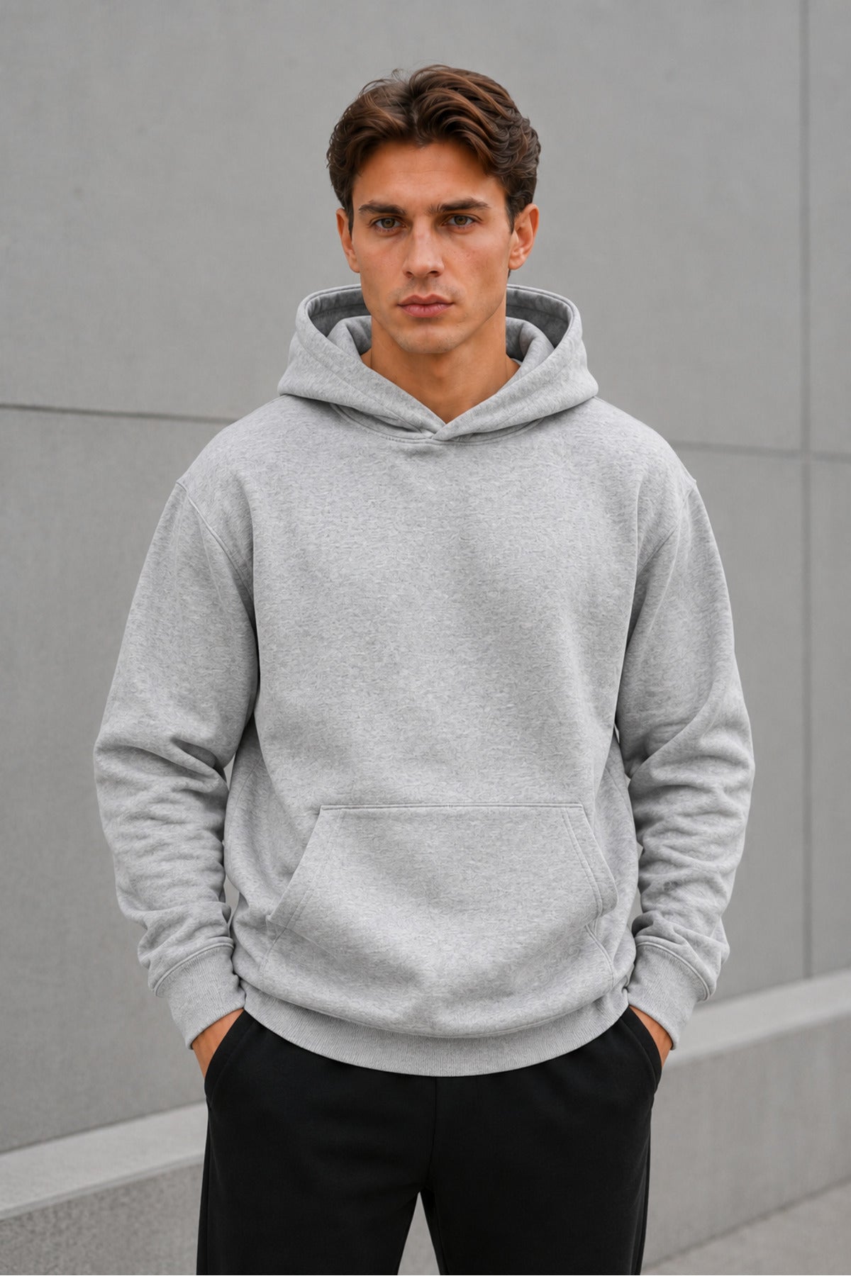 Erkek Oversize Kapüşonlu Sweatshirt Basic Hoodie Cepli - Gri Melanj - 4