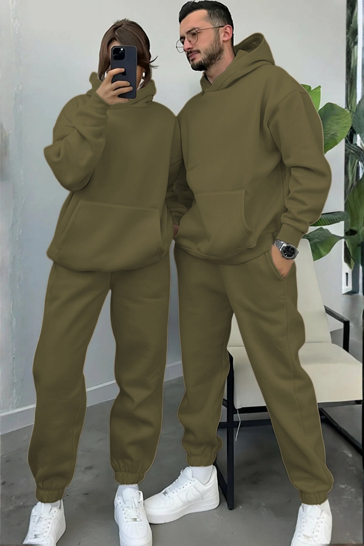 Kadın Erkek Trend Model Çiftlere Özel 3 İplik Oversize Kışlık Kalın Eşofman Takımı (tekli̇) - Açık Haki - 2