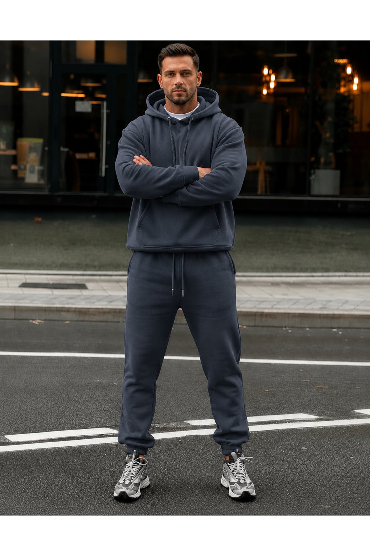 Erkek 3 İ̇pli̇k Kapüşonlu Jogger Lasti̇k Paça Eşofman Takimi - Füme - 3