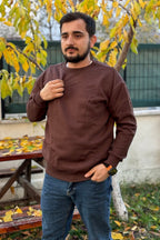 Erkek Kahverengi Bisiklet Yaka İçi Polarlı 3 İplik Pamuklu Regular Fit Unisex Sweatshirt - Kahverengi - 1