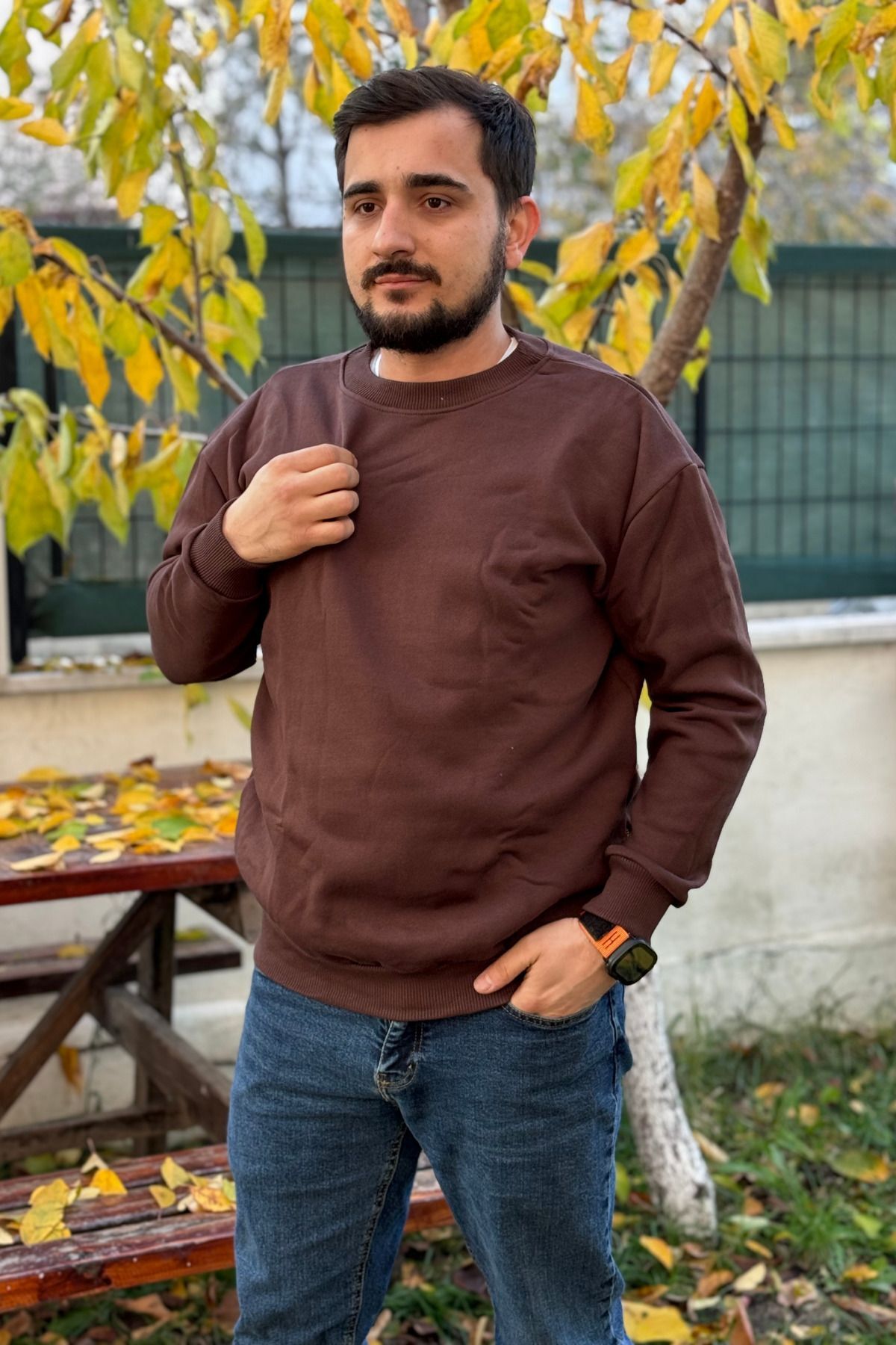Erkek Kahverengi Bisiklet Yaka İçi Polarlı 3 İplik Pamuklu Regular Fit Unisex Sweatshirt - Kahverengi - 1