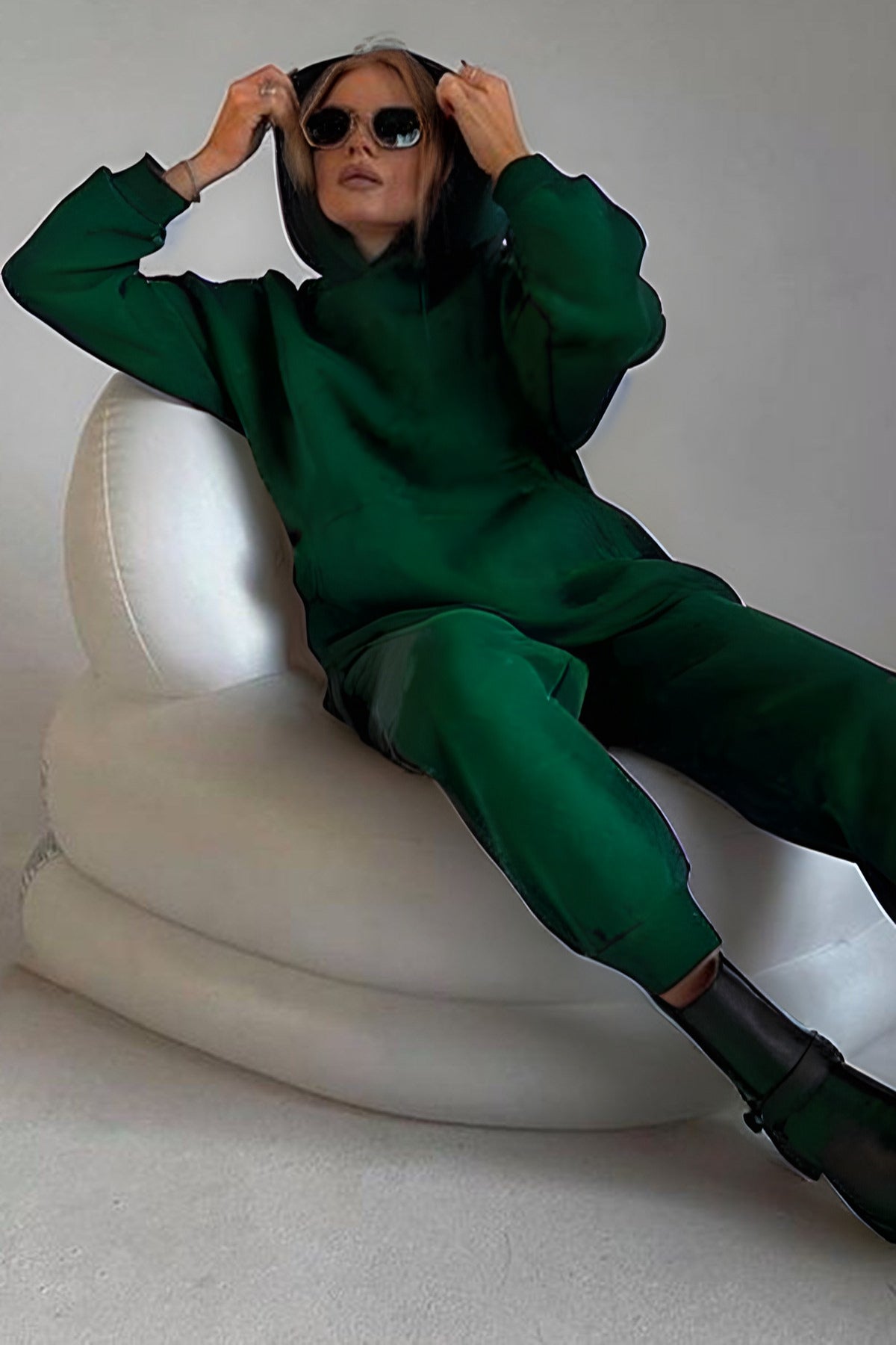 Kadın Hoodie Kanguru Cep Kapşonlu Sweatshirt Paçası Lastikli Alt Eşofman Takımı - Koyu Yeşil - 1