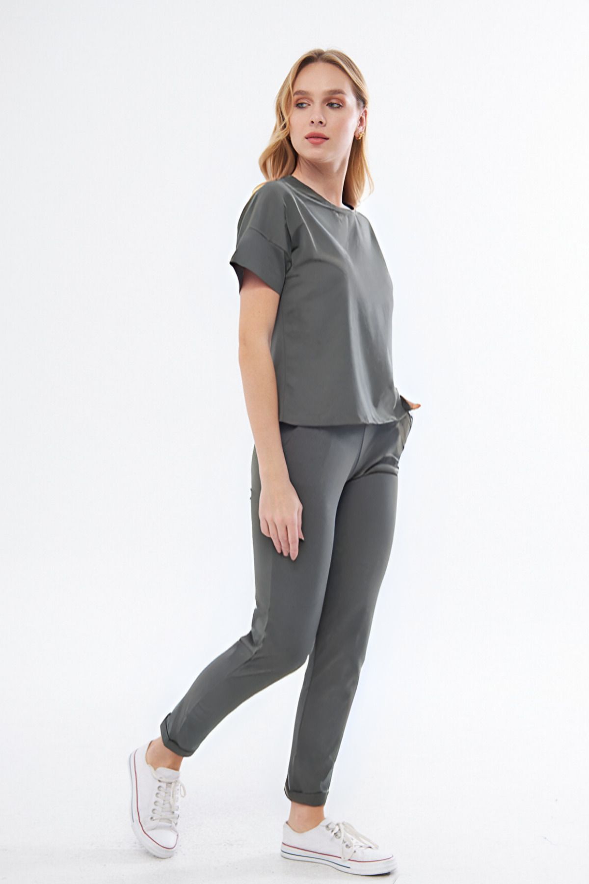 Kadın Basic Yazlık Kısa Kollu Pijama Takımı Oversize - Füme - 2