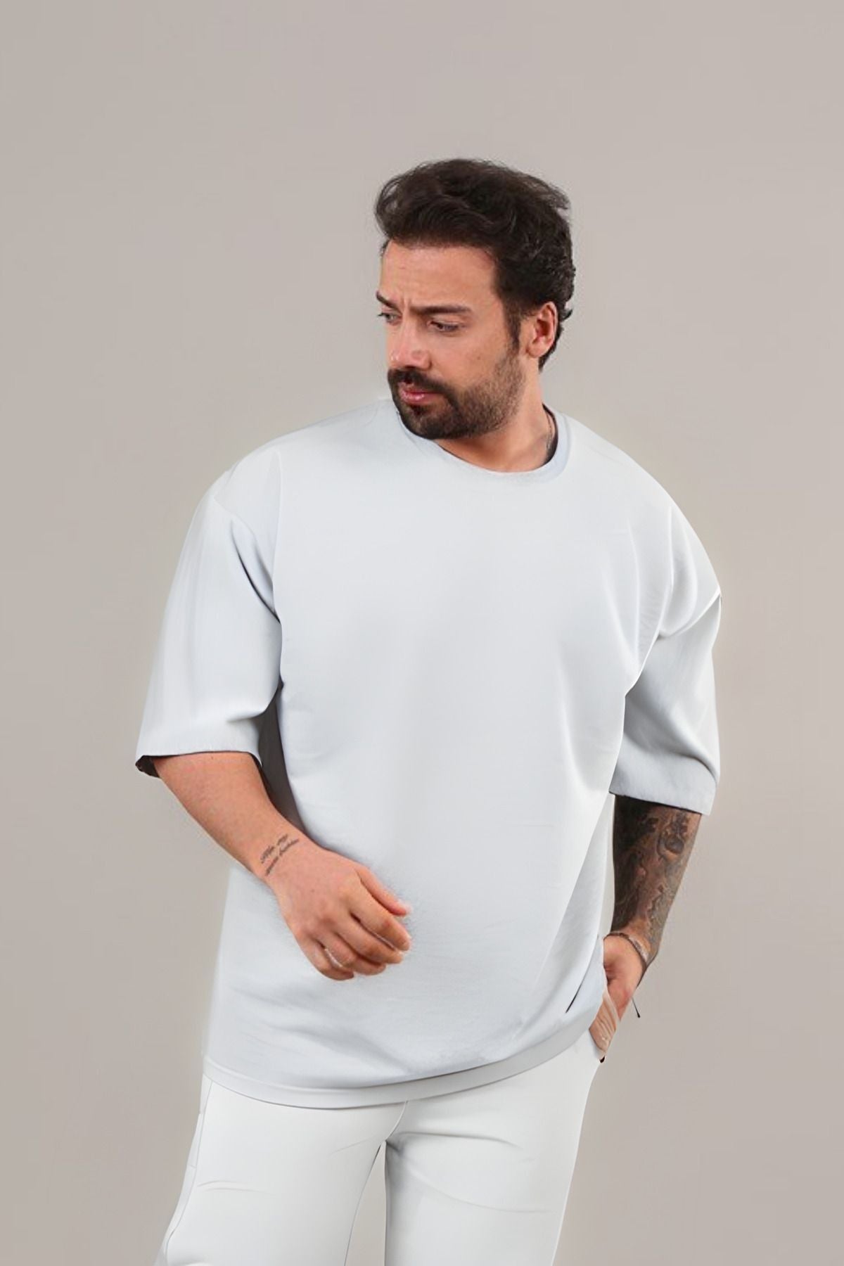 Erkek Oversize Comfort Penye T-shirt - Beyaz - 1