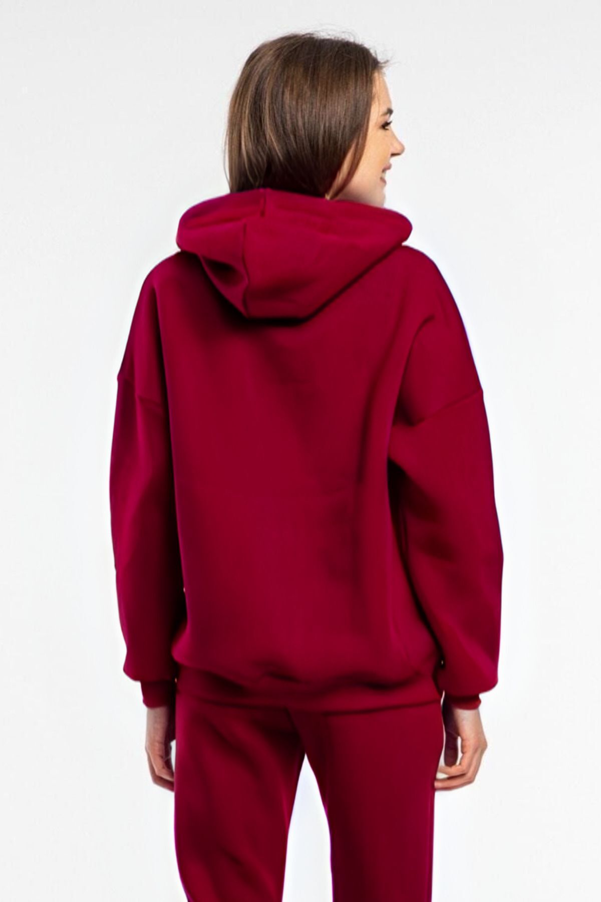 Baybayan Basi̇c Oversi̇ze Sweatshi̇rt Hoodi̇e - Bordo - 4
