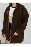 Kadın Kahverengi̇ Fermuarlı Kapşonlu Kanguru Cep Basic Sweatshirt Hırka - Kahverengi - 1