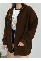 Kadın Kahverengi̇ Fermuarlı Kapşonlu Kanguru Cep Basic Sweatshirt Hırka - Kahverengi - 1