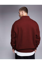 Erkek Yarım Fermuarlı Basic Oversize Dik Yaka Sweatshirt Kazak - Bordo - 2