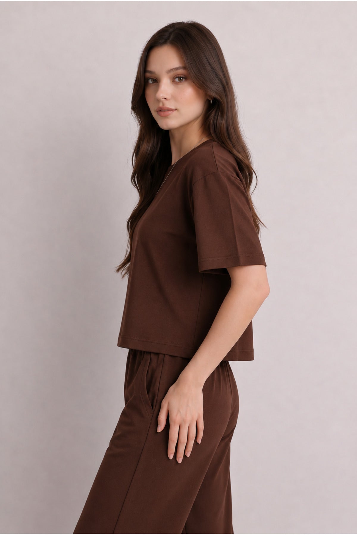 Kadın Kısa Kollu Yüksek Bel Geniş Paça Beli Bağlamalı Bısıklet Yaka Modal Yeni Sezon Basic Alt Üst Takım - Kahverengi - 3