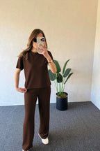 Modal Kumaş Kısa Kollu T-shirt & Pantolon Takımı - Kahverengi - 2