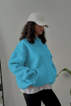Kadın Kapşonlu Kalın Kanguru Cepli Sweatshirt - Bebe Mavisi - 4