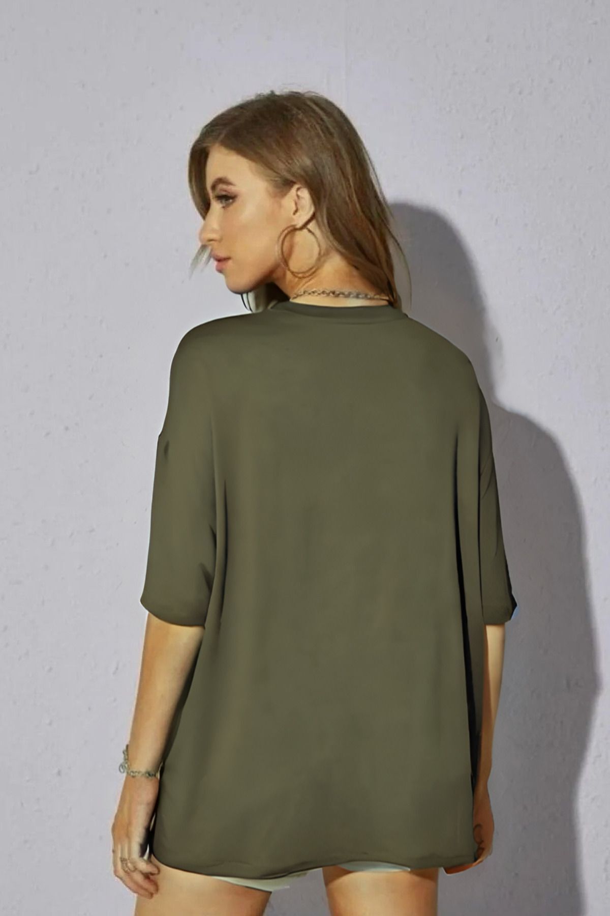 Kadın Oversize Dökümlü Tok Kumaş Tişört Reşmeli - Haki - 2