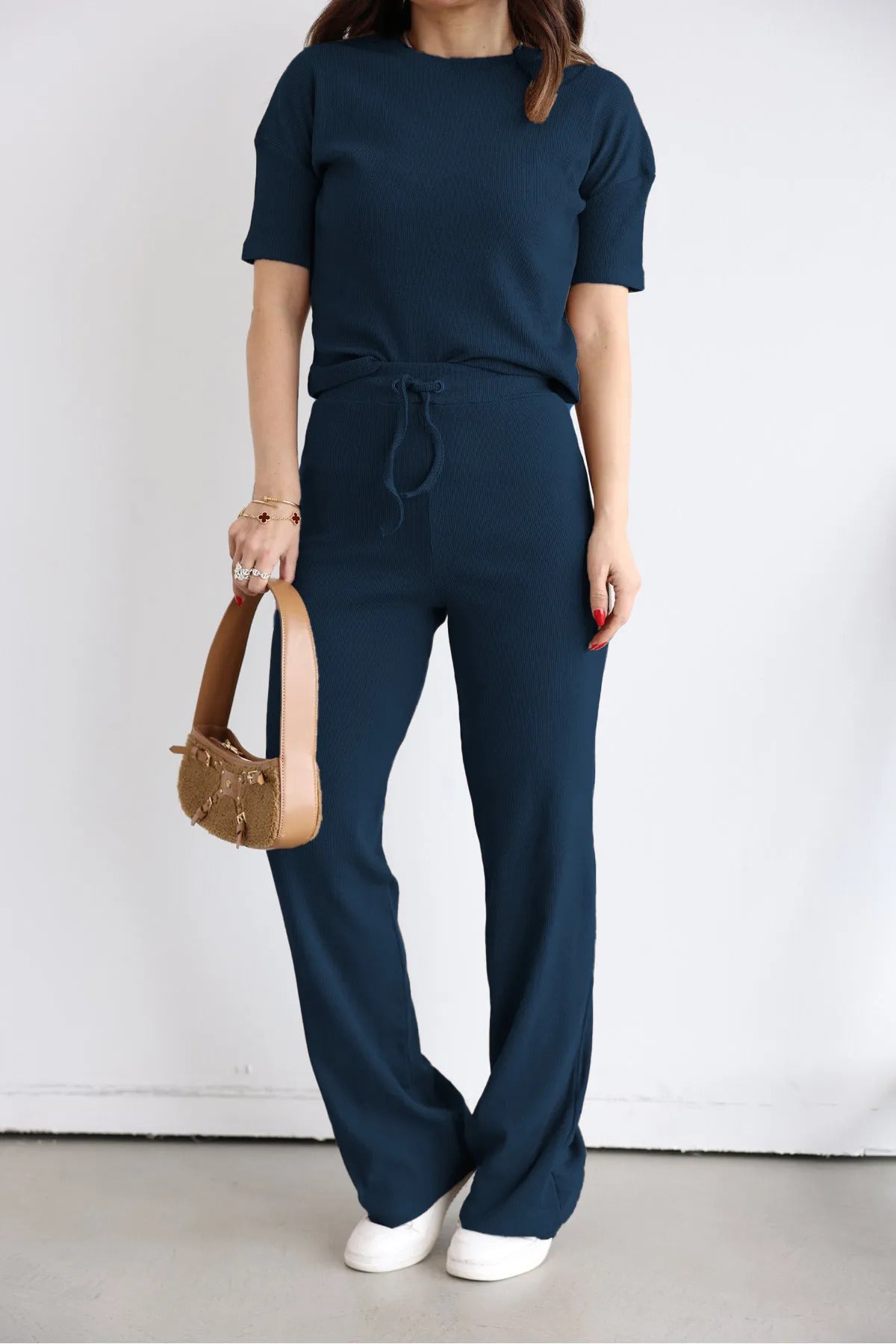 Kadın Kısa Kollu Yazlık Alt Üst Fitilli Takım - Navy Blue - 2