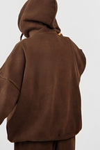 Kadın 3 İ̇plik Kanguru Cep Kapşonlu Hoodie Paçası Lastikli Kalın Eşofman Takımı - Kahverengi - 2