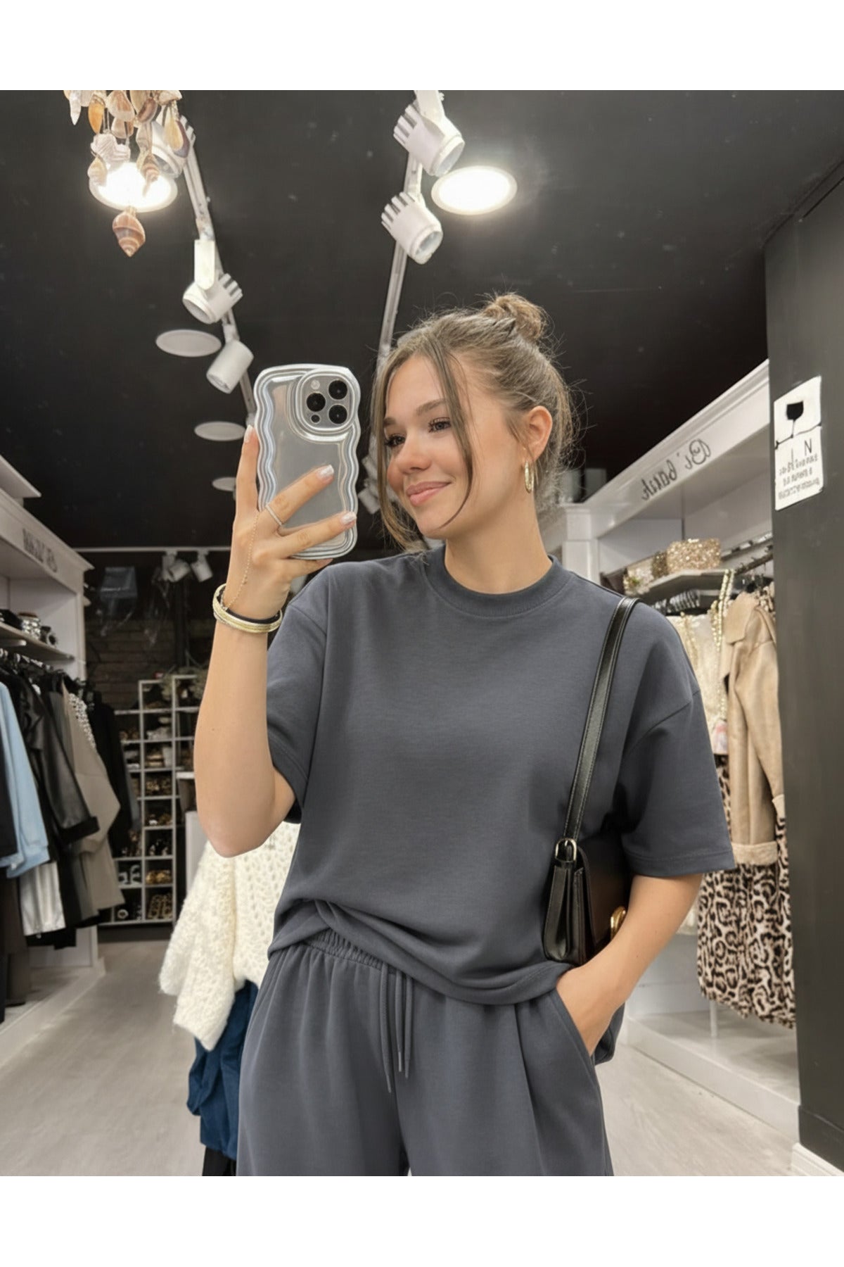 Kadin Modal Premium Kisa Kollu Alt Üst Takim - Füme - 2