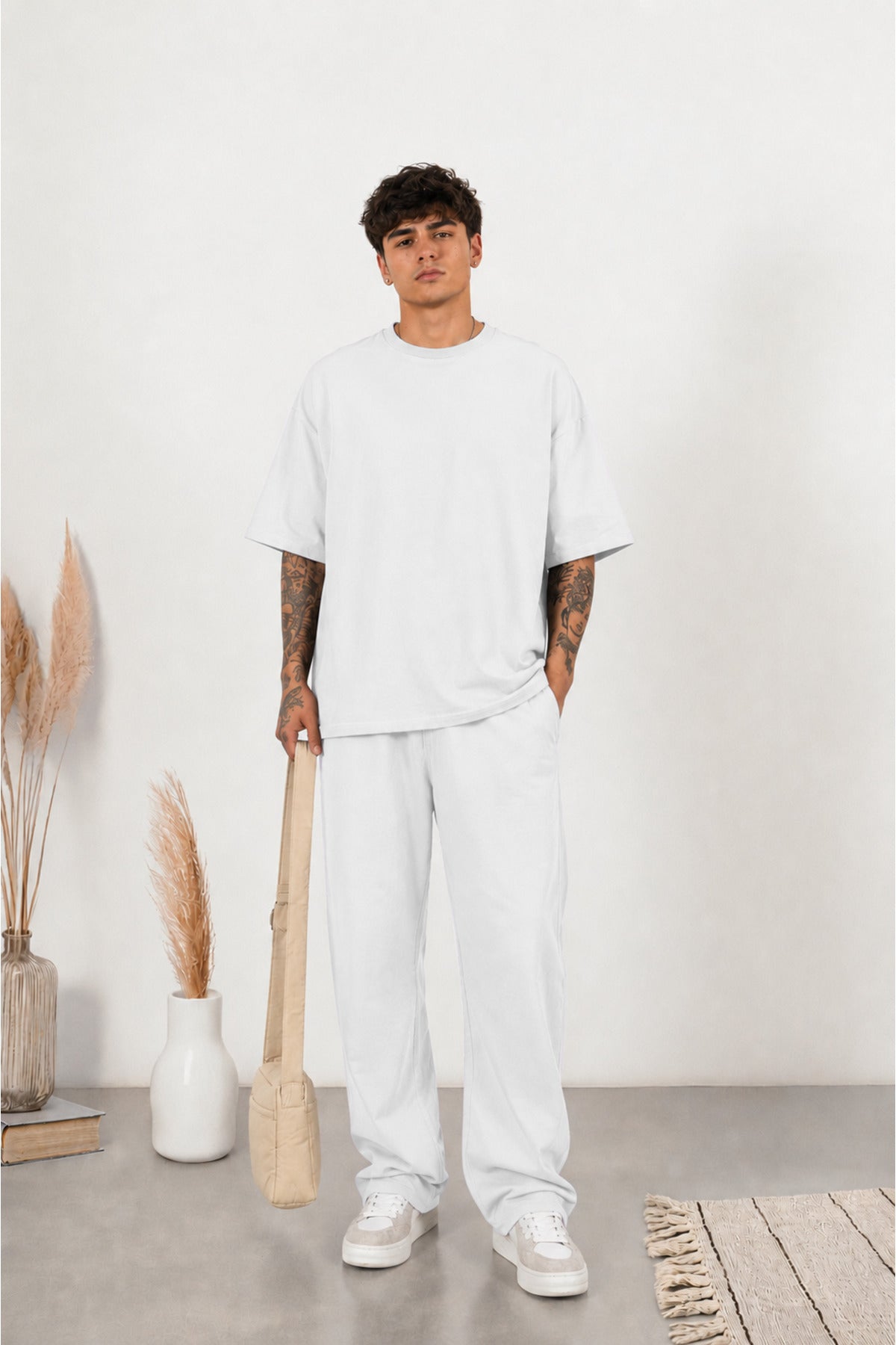 Erkek Yeni Sezon Oversize Premium Tişört Pantolon Kombin - Beyaz - 3