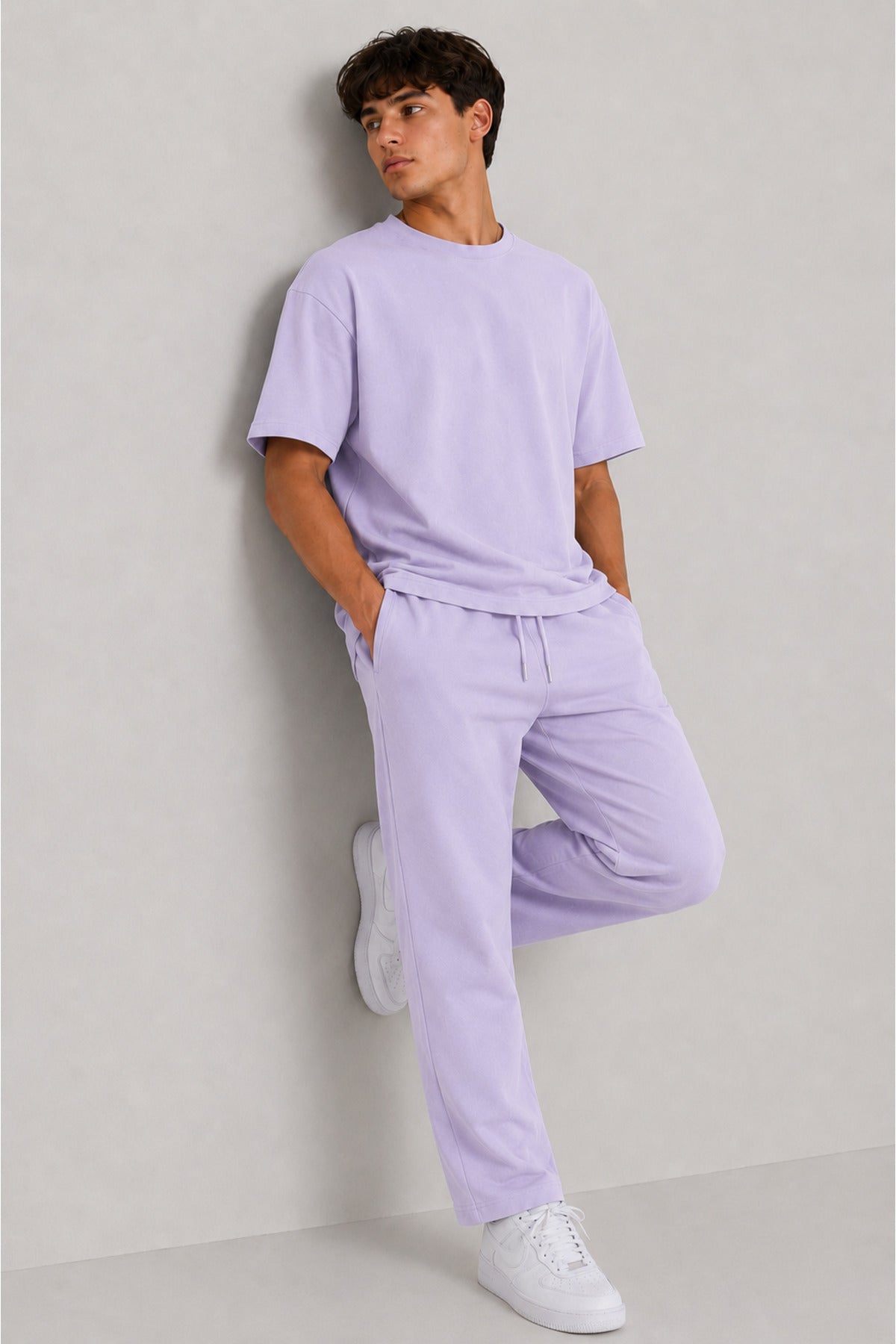 Erkek 2 İ̇plik Oversize Basic Bisiklet Yaka Rahat Kalıp Günlük Eşofman Takımı - Lila - 4