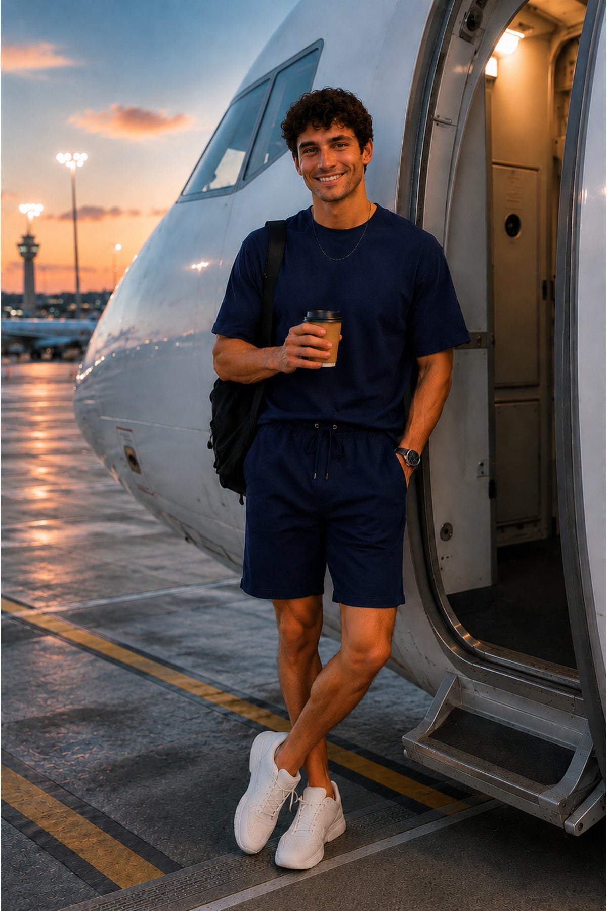 Erkek Kisa Kollu Oversize Yazlik Modern Rahat Kesi̇m Beli̇ Bağlamali Yeni̇ Sezon T-shirt Şort Seyahat Yolculuk Gi̇y-çik Trend Takimi - Lacivert - 2