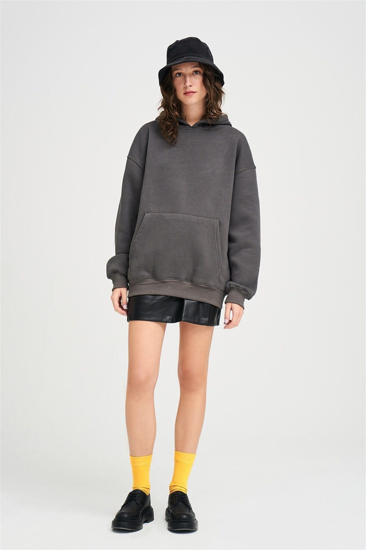 Unisex Kapşonlu Kanguru Cep 3 İ̇plik Uzun Kollu Sweatshirt Hoodie - Füme - 3