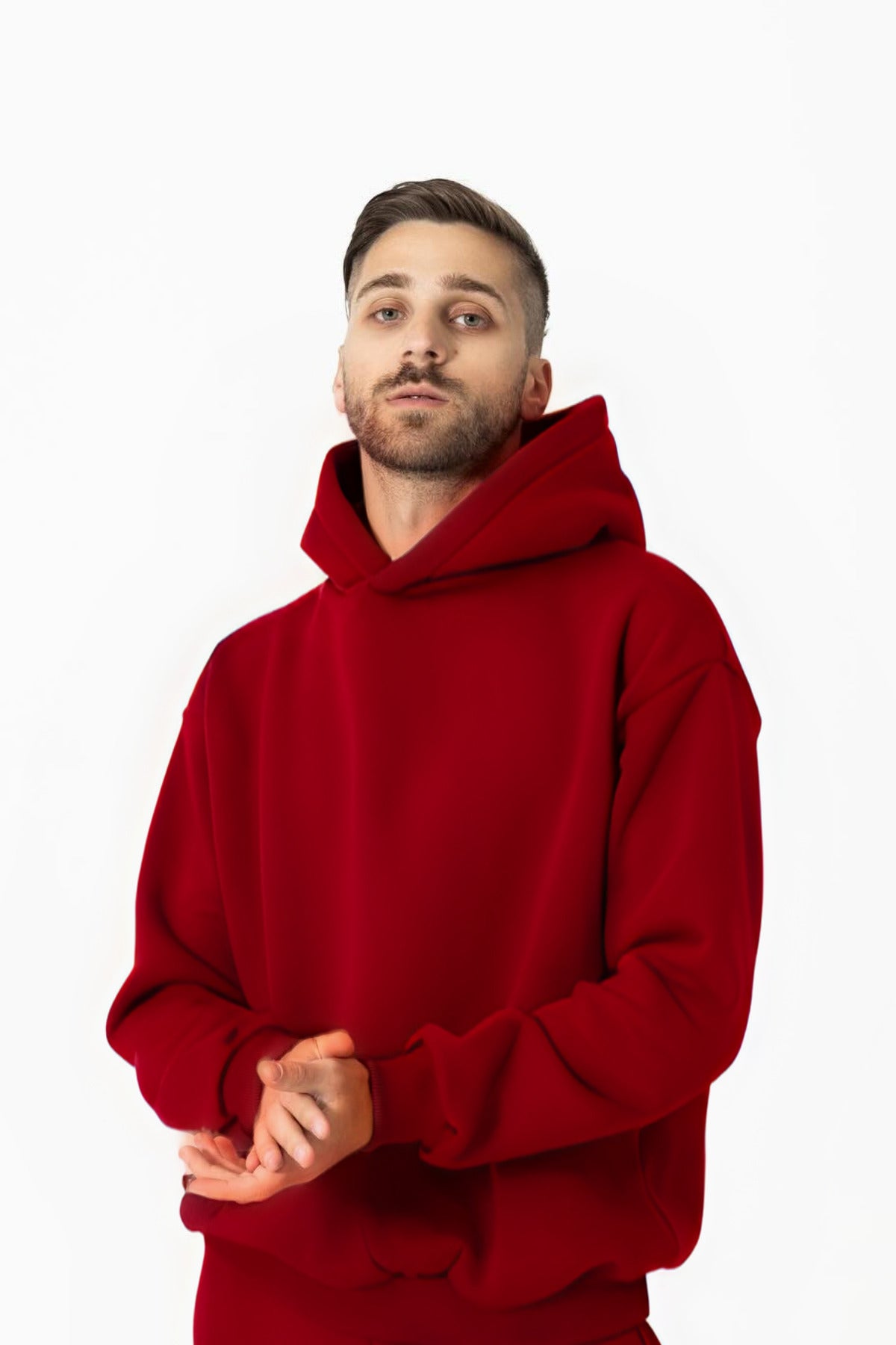 Erkek Düz Spor Ve Günlük Kapşonlu Hoodie Sweatshirt - Kırmızı - 2