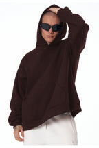 Erkek Bol Kesim Oversize 3 İ̇plik İ̇çi Pamuklu Şardonlu Kanguru Cep Kapşonlu Kışlık Hoodie Sweatshirt - Kahverengi - 1