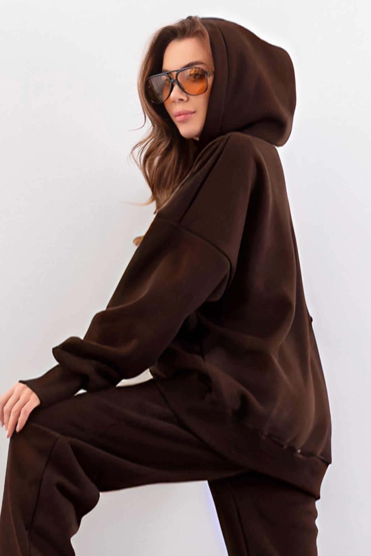 Kadın Esnek Rahat Kalıp Basic Model Sweatshirt - Kahverengi - 3