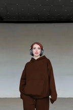 Erkek Baskısız Basiz Düz Kapşonlu Sweatshirt - Kahverengi - 2