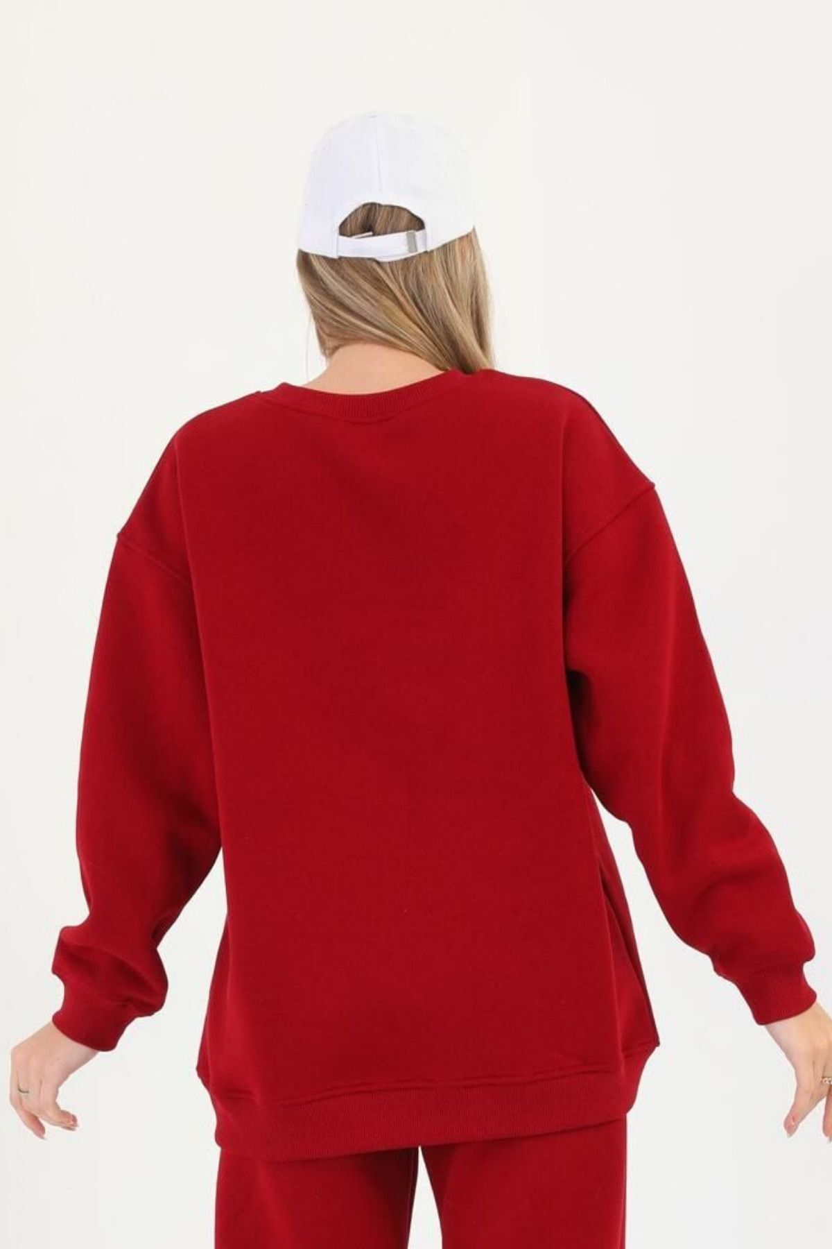 Kadın 3 İ̇plik Bisiklet Yaka Uzun Kollu Sweatshirt - Kırmızı - 5