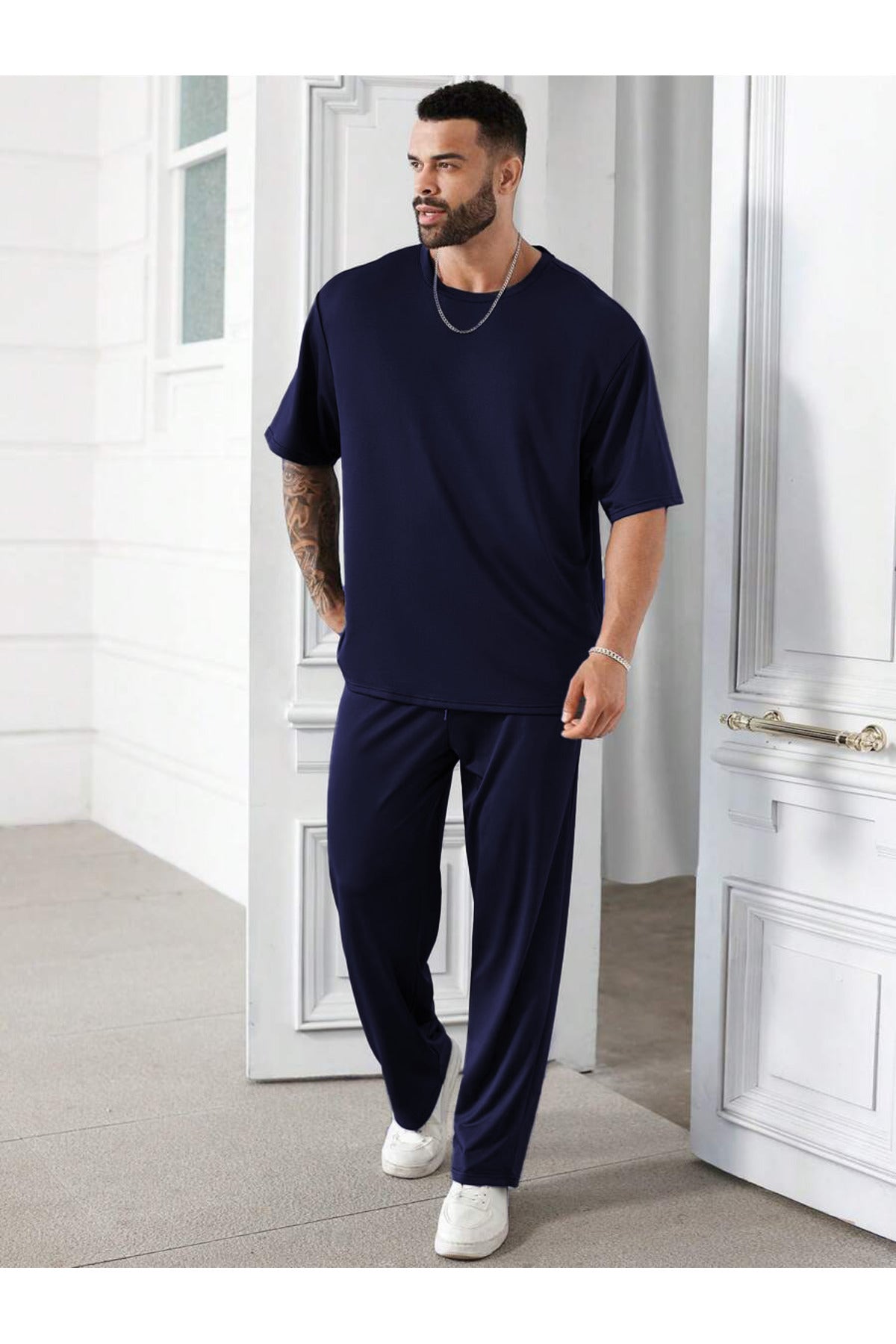 Erkek Bisiklet Yaka Pijama Takımı - Lacivert - 1