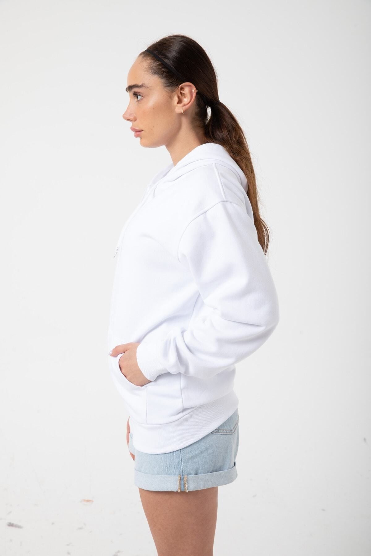 Kadın Beyaz İ̇çi Polar Sweatshirt Kapşonlu Cepli Günlük Stil Oversize White Hoodie - Beyaz/White - 4