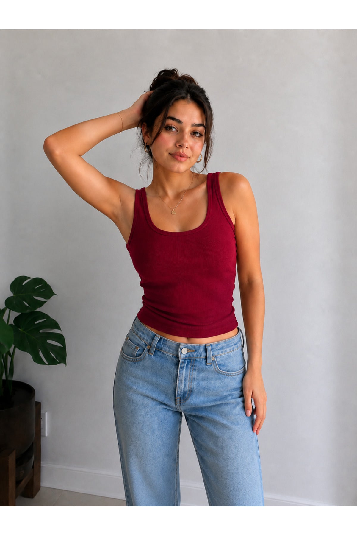Kadın Esnek Ribanalı Düz Basic Atlet - Bordo - 1