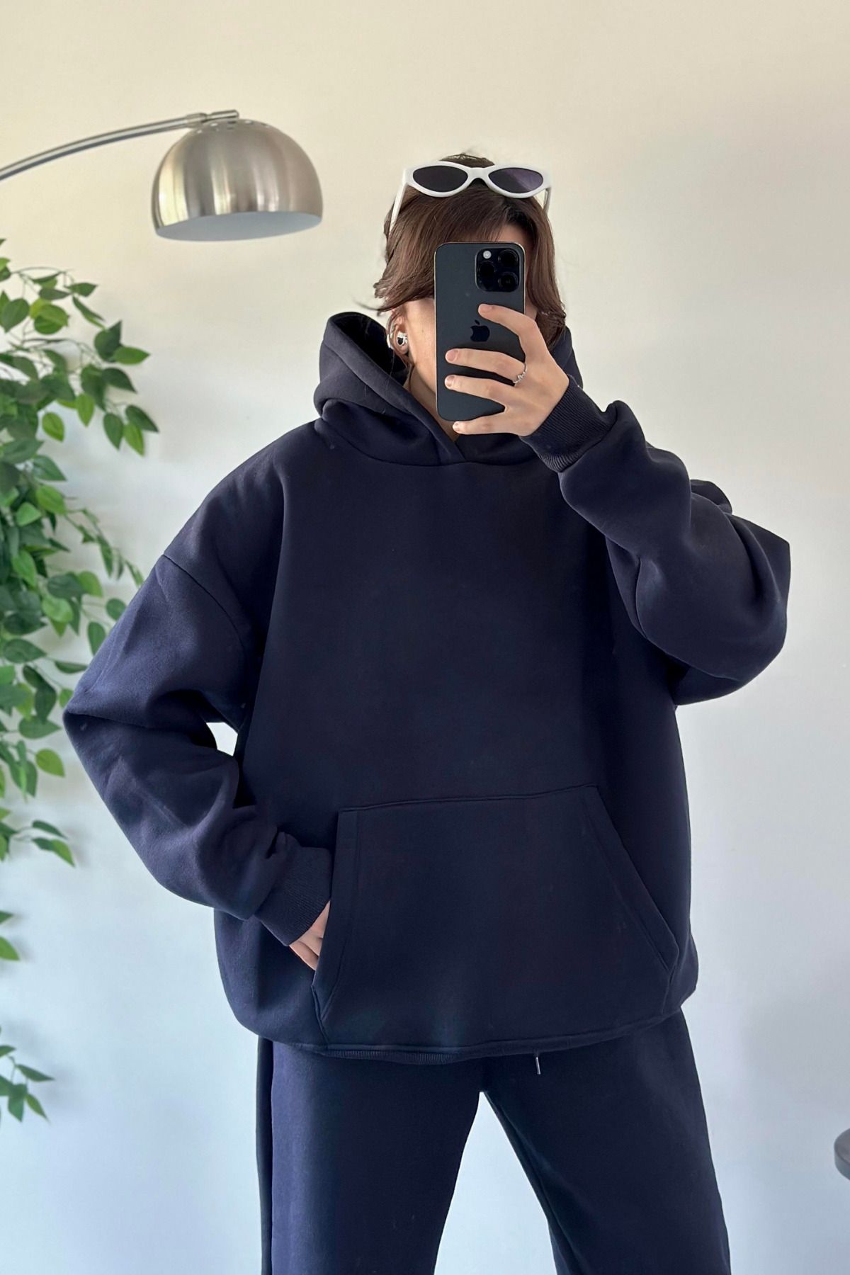 Kadın Oversize Trend Model Kanguru Cep Kapşonlu Sweatshirt Eşofman Takımı - Lacivert - 5