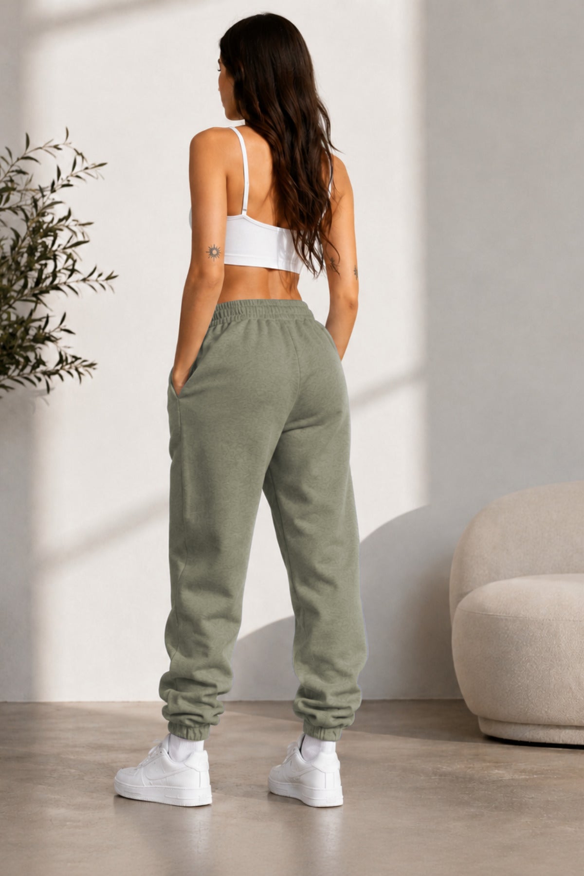 Kadın Paçası Lastikli Günlük Oversize Basic Jogger Eşofman Altı - Yeşil Gri - 2