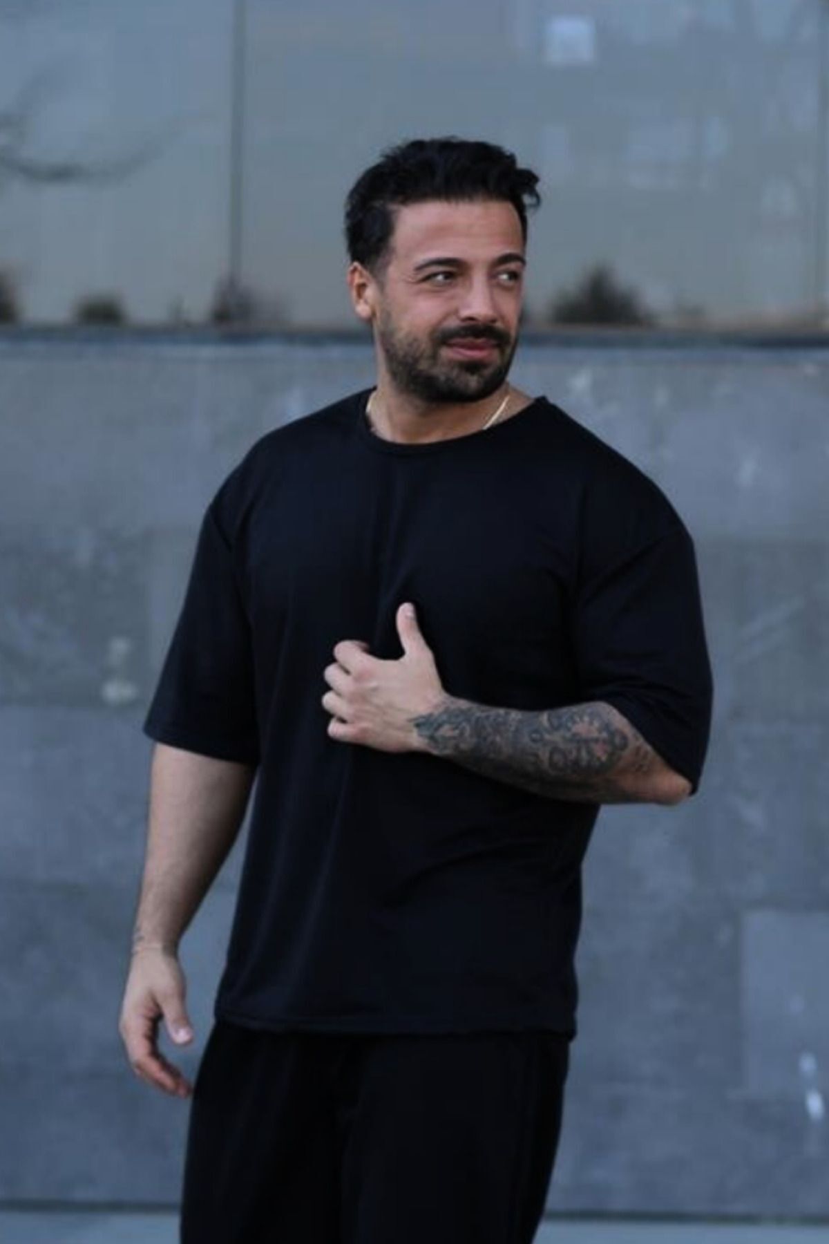 Erkek Oversize Pamuklu Nefes Alan T-shirt - Siyah - 1
